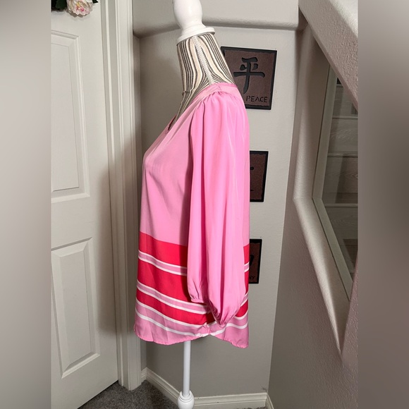 PEACH LOVE CALIFORNIA pink sheer 3/4 sleeve stripe curved high low blouse size S - Picture 4 of 10